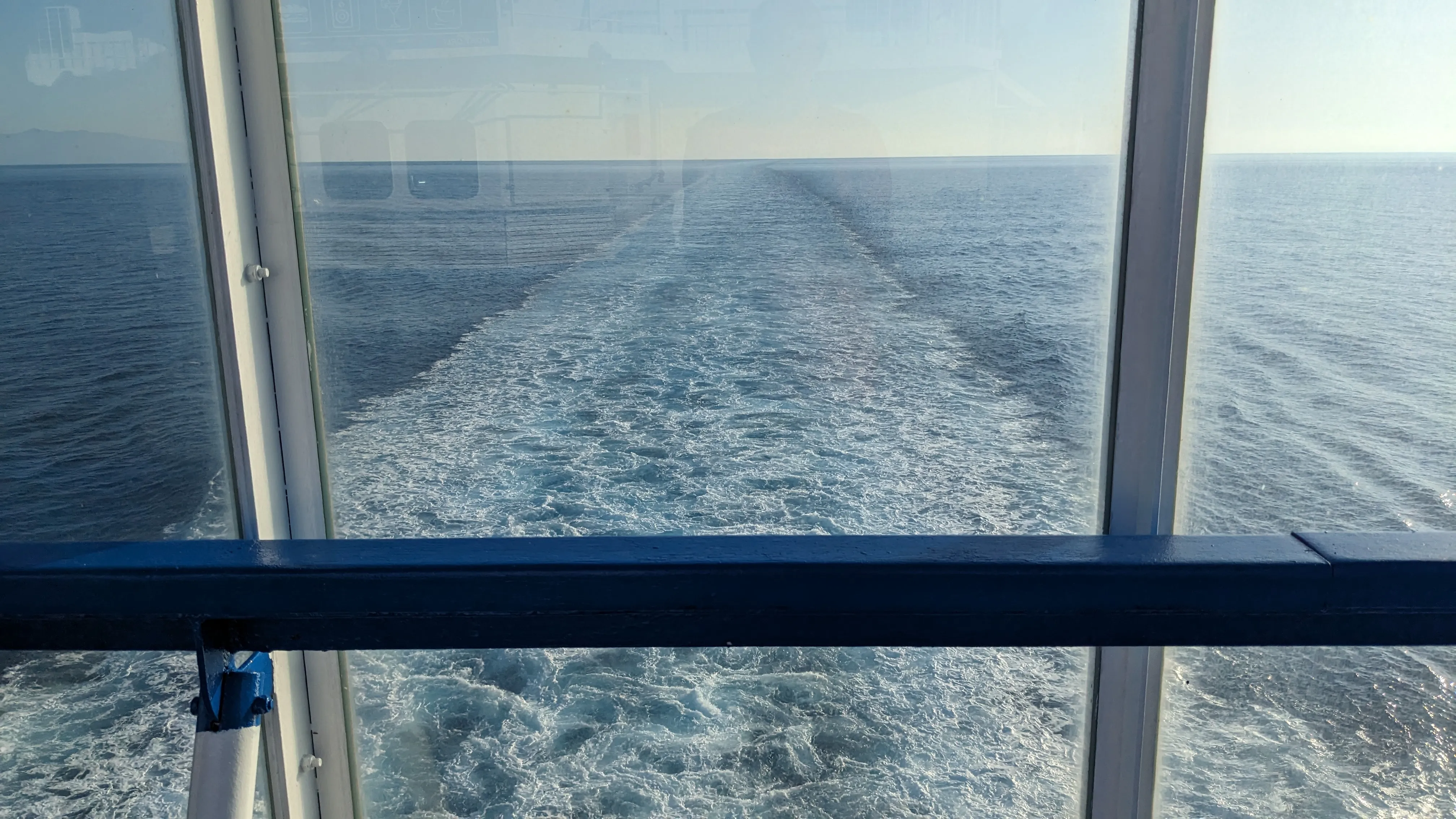 View out the rear of a passenger ferry between Bastia and Livorno